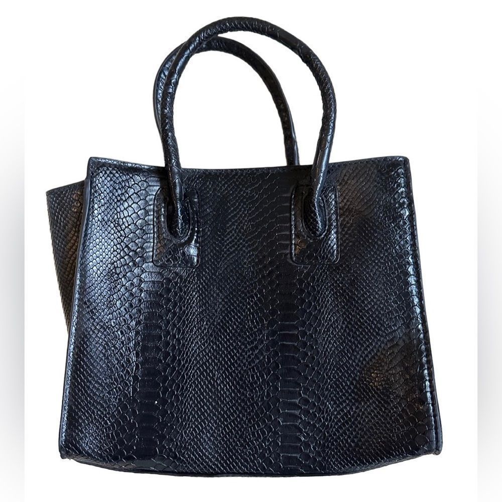Neiman Marcus Brand Black Faux Leather Crocodile Pattern Bag